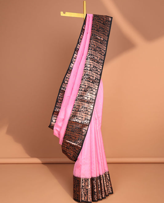 Pink floral design vasundhara elite silk saree with contrast floral zari design border & striped zari design pallu