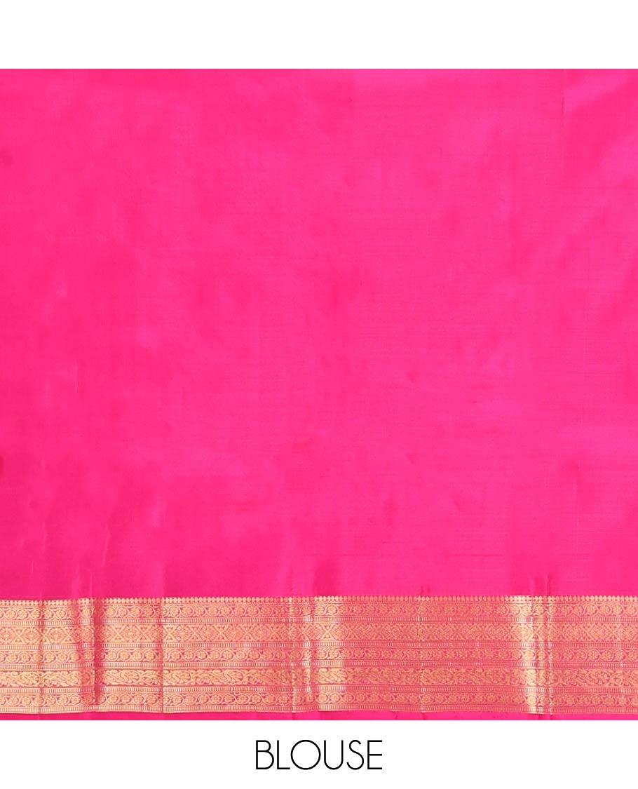 Orange Dual-Tone Vasundhara Lite-Silk Mix Saree, Adorned with Zari Buttas, Complemented by Contrast Border Featuring Thilakam Mokku, Kodi Visiry, Muthu, Laddu Kamalam, and Mayil Designs, Grandly Pallu of Scallop Designs, and Paired with a Contrast Blouse