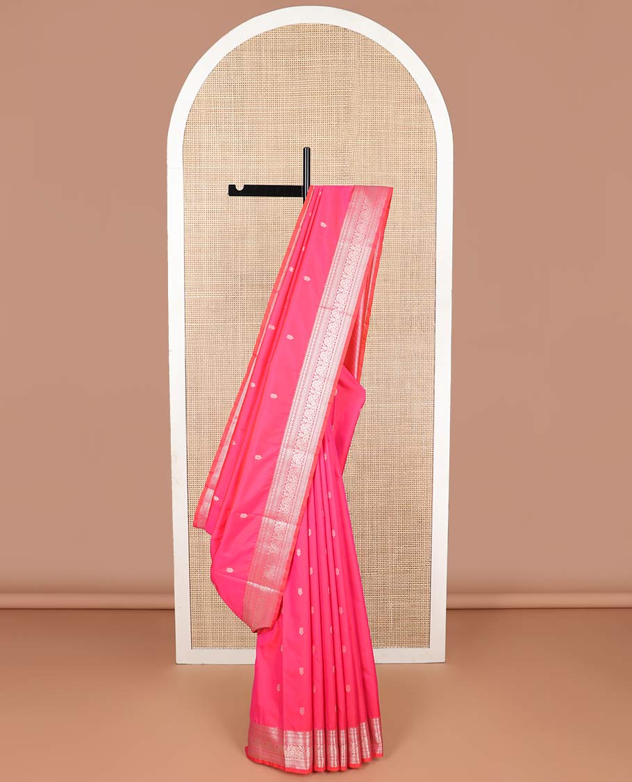 Pink floral buttas vasundhara elite silk saree with contrast  zari design border & striped floral design pallu