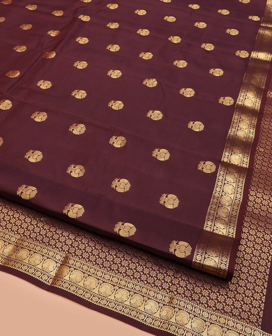 Brown Vasundhara Lite Silk Mix Saree, Elegantly Designed with Iruthalai Pakshi Buttas on Its Body, Highlighted by Zari Border of Muthu, Kamalam, and Manga Designs, Pallu Featuring Floral Designs, and Paired with a Matching Blouse
