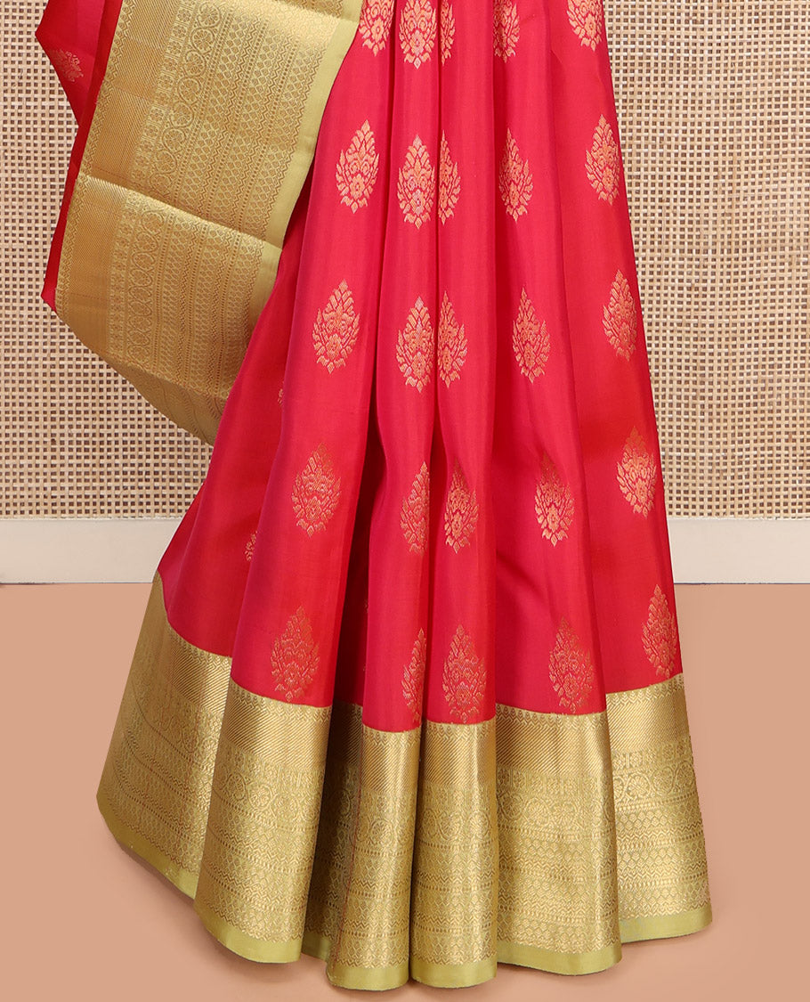 Red Vasundhara Lite Silk Mix Saree, Decked Up with Zari Buttas, Complemented by a Contrast Border of Thilakam, Kamalam, Kodi Visiry, and Neli Designs, Gandly Geometric Patterns Woven Pallu, and Paired with a Contrast Blouse
