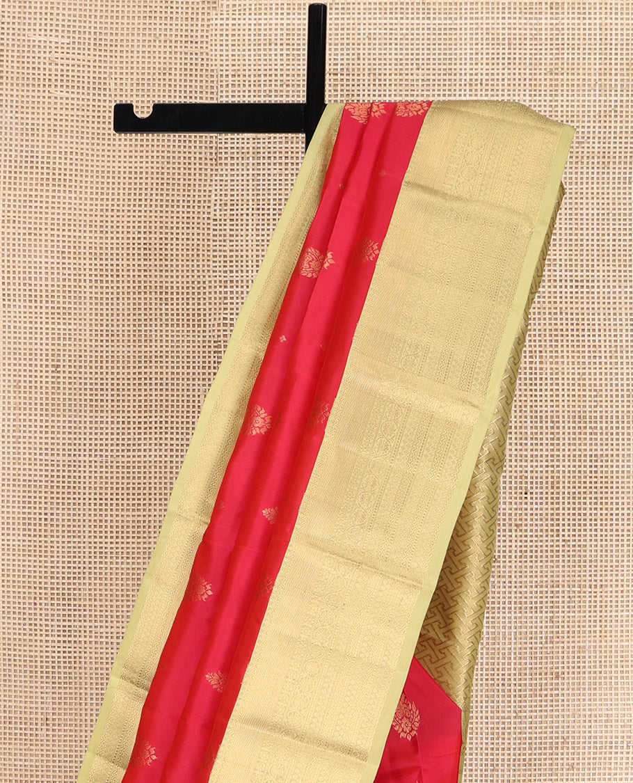 Red Vasundhara Lite Silk Mix Saree, Decked Up with Zari Buttas, Complemented by a Contrast Border of Thilakam, Kamalam, Kodi Visiry, and Neli Designs, Gandly Geometric Patterns Woven Pallu, and Paired with a Contrast Blouse