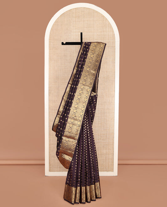 Brown Vasundhara Lite Silk Mix Saree, Richly Detailed with Mayil Buttas on Its Body, Highlighted by a Zari Border of Rettai Neli, Mayil, and Yaanai Designs, Ogee-Patterned Pallu, and Paired with a Matching Blouse