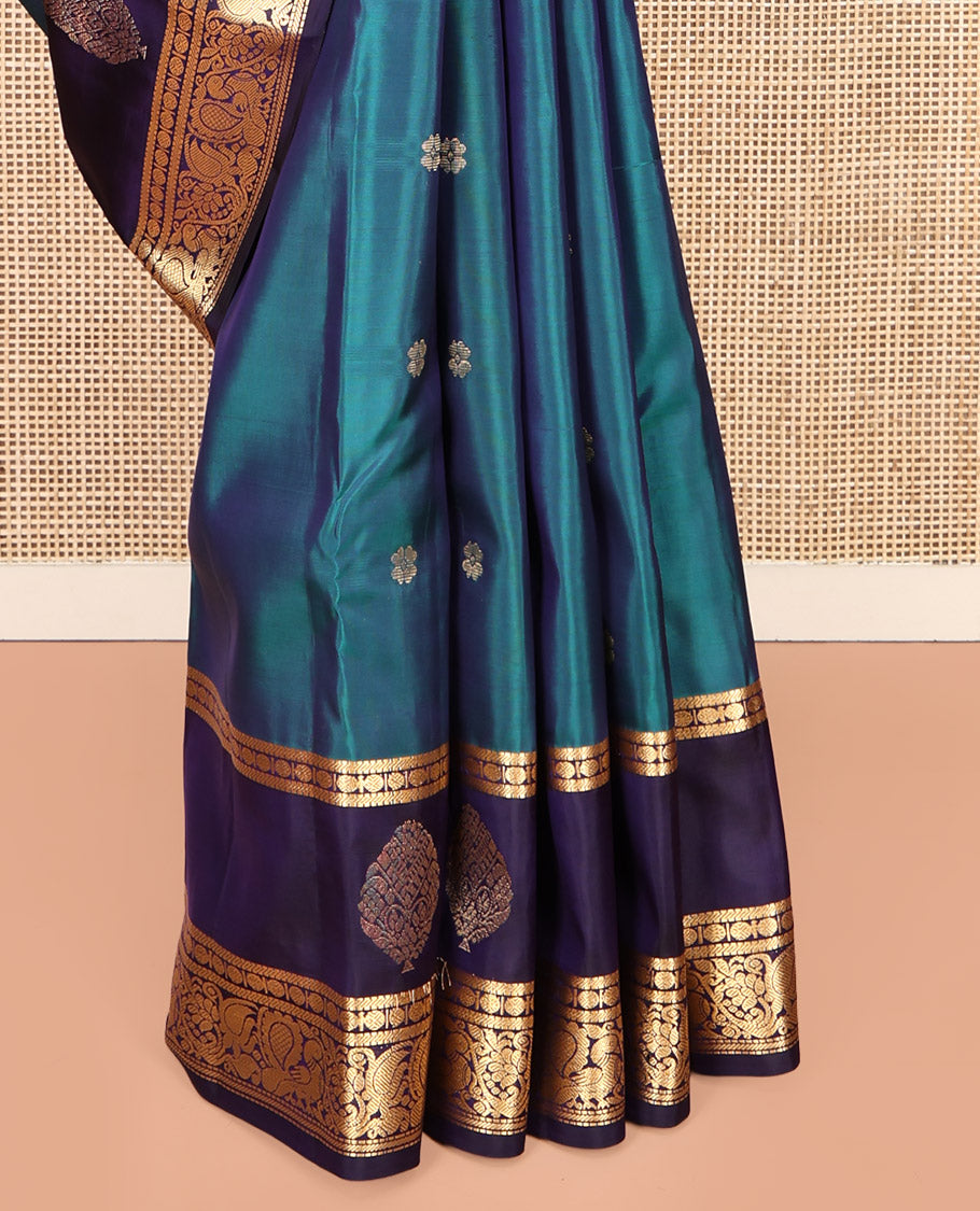 Blue Vasundhara Lite-Silk Mix Saree, Detailed with Zari Buttas, Complemented by a Contrast Border of Rudraksham and Mayil Designs, Grand Pallu, and a Contrast Blouse