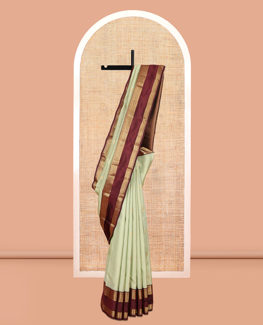 Green Zari Buttas-Stripes Vasundhara Lite Silk Mix Saree, a Contrast Rettai Pettu Border, Contrast Blouse