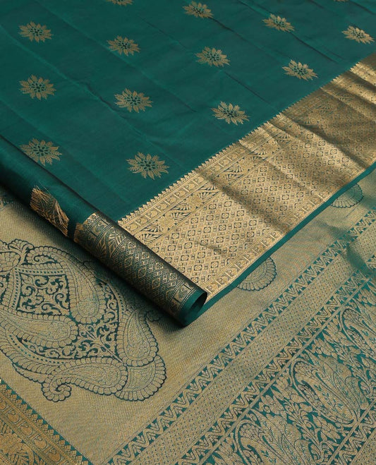 Green floral zari buttas Vasundhara silk mix saree, zari border of thilakam, manga, kodi visiry, and jaal designs, and intricate pallu