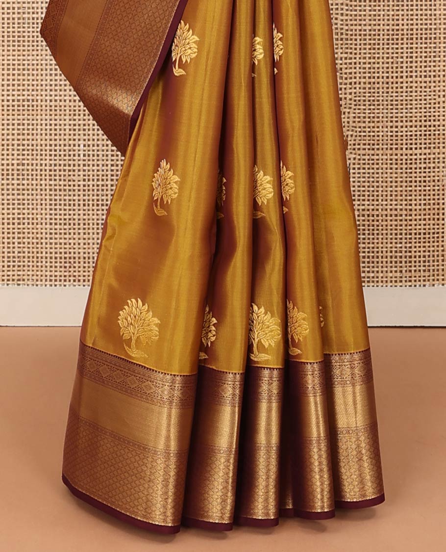 Green zari buttas Vasundhara silk mix saree, contrast border, and pallu steeped with traditional zari designs