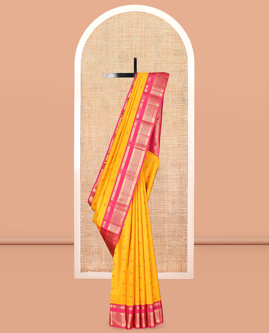 Yellow Thread Buttas Vasundhara Lite Silk Mix Saree, a Contrast Border of Thilakam Mokku, Vanki and Jaal Designs, Grand Pallu, and a Contrast Blouse
