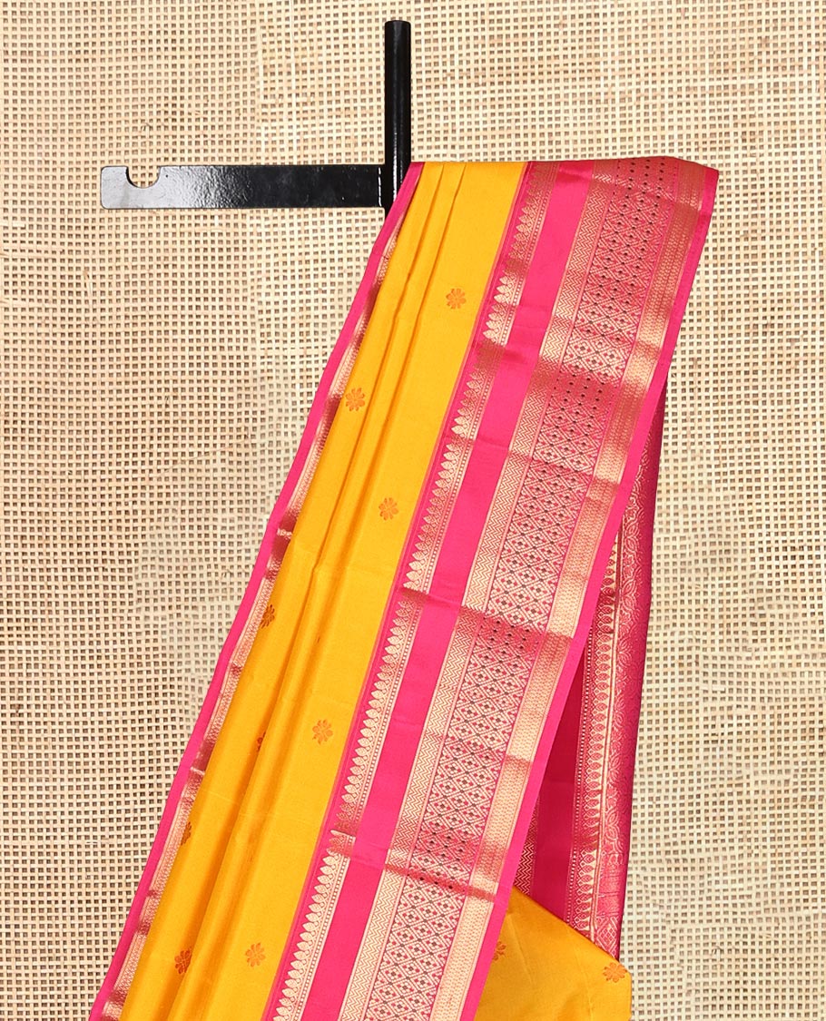 Yellow Thread Buttas Vasundhara Lite Silk Mix Saree, a Contrast Border of Thilakam Mokku, Vanki and Jaal Designs, Grand Pallu, and a Contrast Blouse