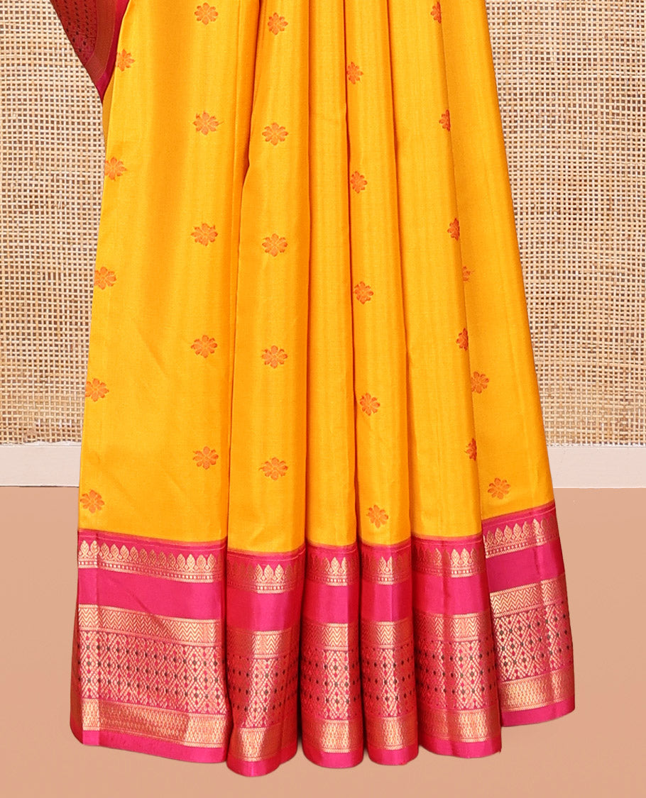 Yellow Thread Buttas Vasundhara Lite Silk Mix Saree, a Contrast Border of Thilakam Mokku, Vanki and Jaal Designs, Grand Pallu, and a Contrast Blouse