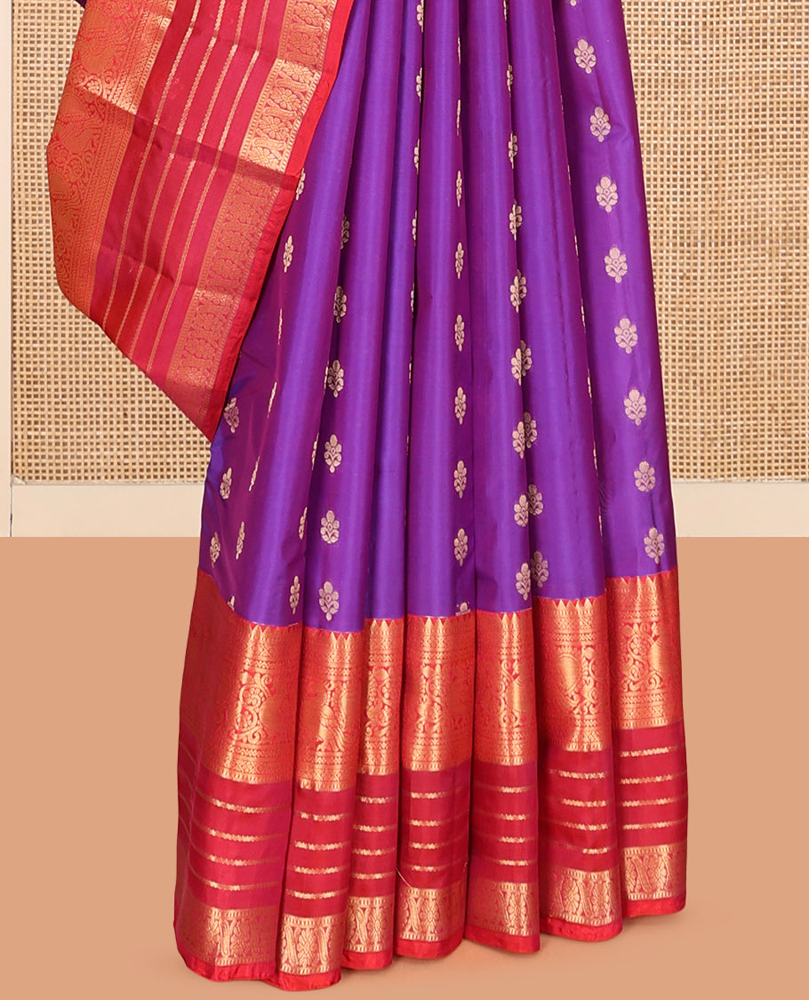 Violet Vasundhara Lite Silk Mix Saree, Gleamed Up with Zari Buttas, a Contrast Border of Rekku, Muthu, Neli, Mayil, and Cross Kamalam Designs, Grand Jaal Pallu, and a Contrast Blouse