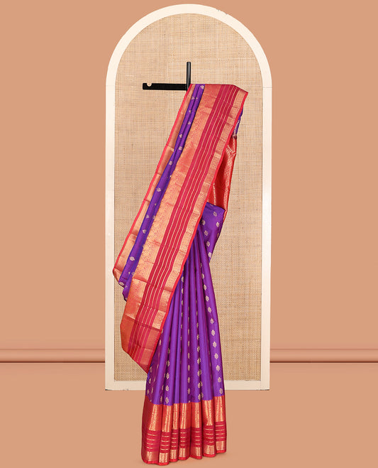 Violet Vasundhara Lite Silk Mix Saree, Gleamed Up with Zari Buttas, a Contrast Border of Rekku, Muthu, Neli, Mayil, and Cross Kamalam Designs, Grand Jaal Pallu, and a Contrast Blouse