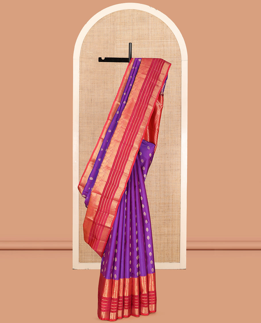 Violet Vasundhara Lite Silk Mix Saree, Gleamed Up with Zari Buttas, a Contrast Border of Rekku, Muthu, Neli, Mayil, and Cross Kamalam Designs, Grand Jaal Pallu, and a Contrast Blouse