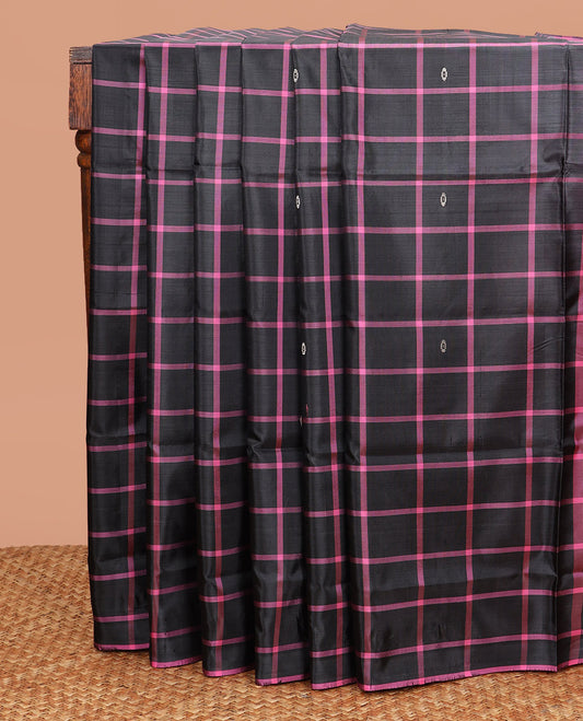 Borderless Black Banana Pith Saree, Finely Designed with Butta Enclosed Checks All Over Its Body, Complemented by a Contrast Pallu Depicting Stripes and Buttas, and Paired with a Contrast Blouse