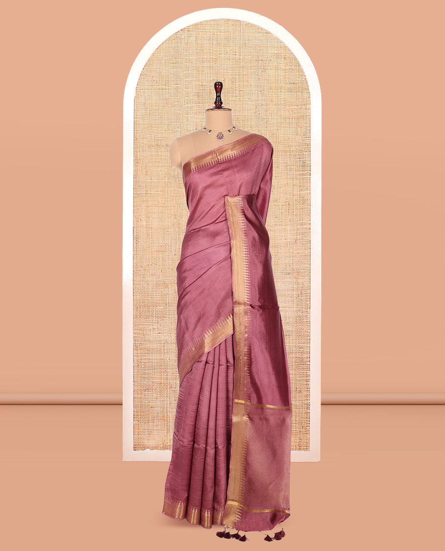 Rosewood Pink Plain Banana Pith Saree, a Zari Temple Border, Striped Pallu, and Matching Blouse