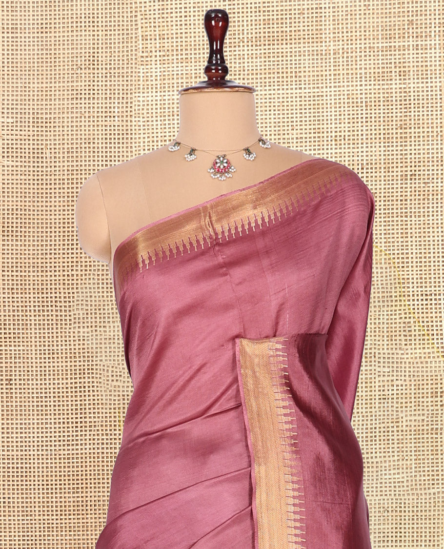 Rosewood Pink Plain Banana Pith Saree, a Zari Temple Border, Striped Pallu, and Matching Blouse