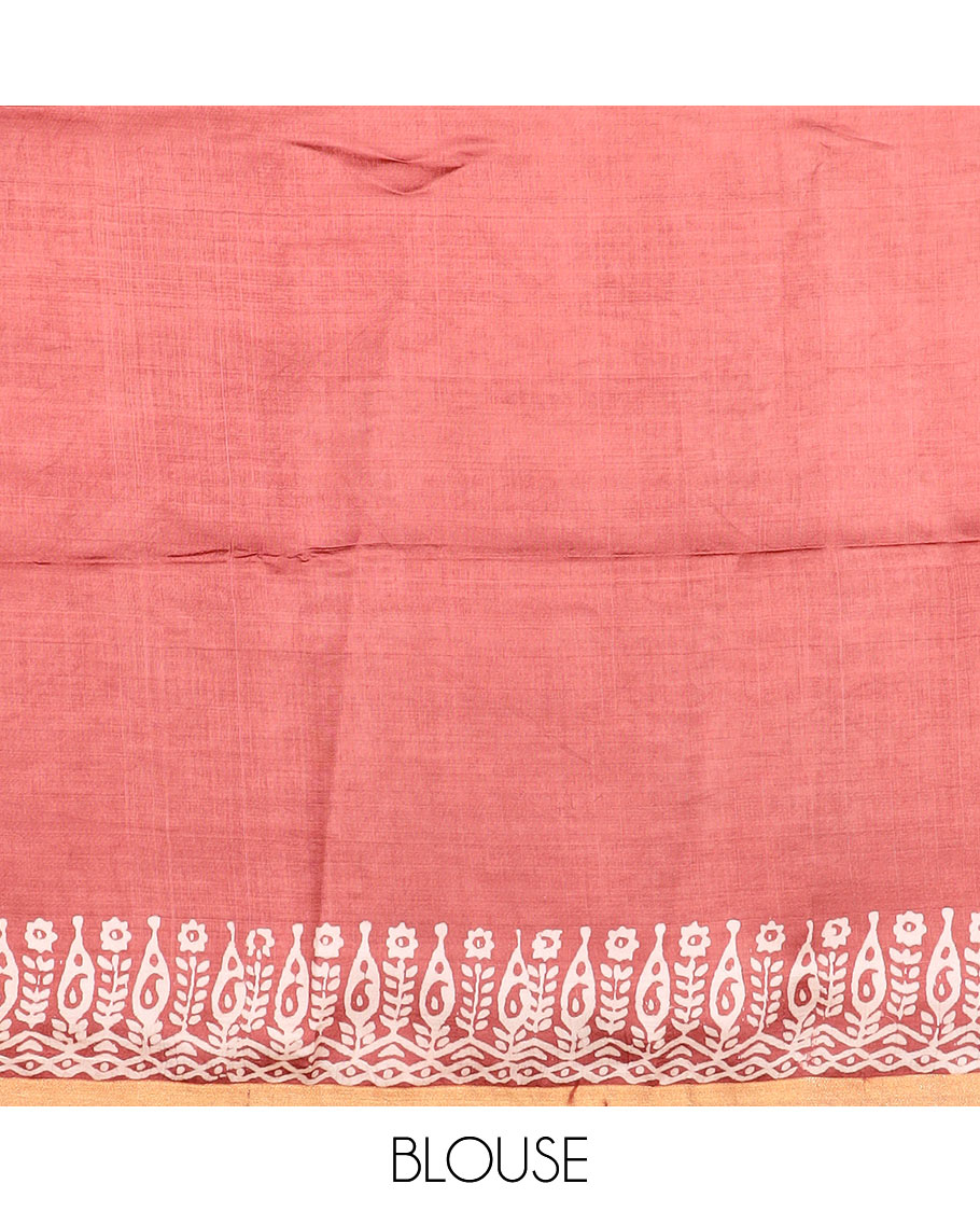 Terracotta red feather motifs printed banana pith saree, zari with print work border, and printed pallu