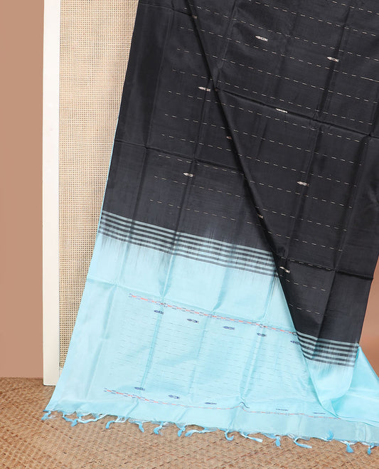 Borderless black buttas and striped banana pith saree, contrast pallu of buttas and stripes