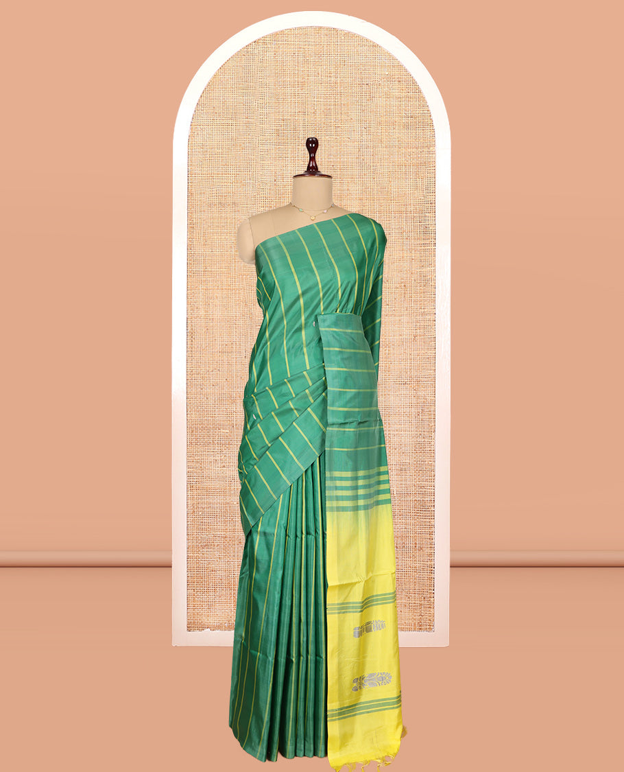 Borderless Green Striped Banana Pith Saree, Woven with Buttas, a Contrast Pallu of Stripes and Buttas, and a Contrast Blouse
