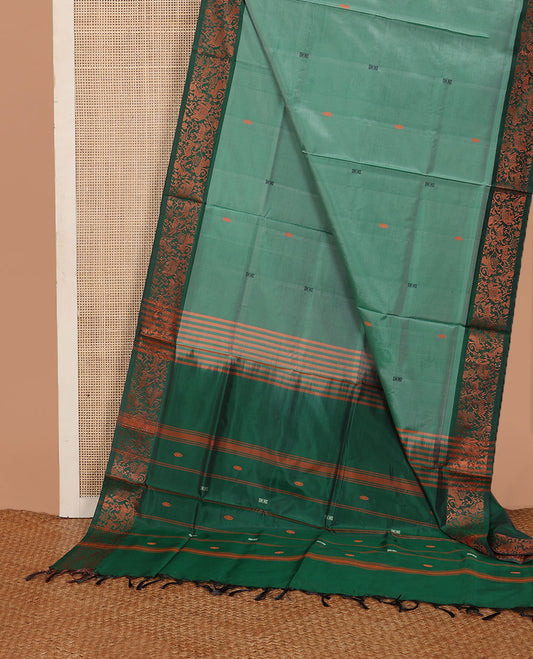 Green thread buttas banana pith saree, contrast animal motifs zari border, and pallu of buttas, and stripes
