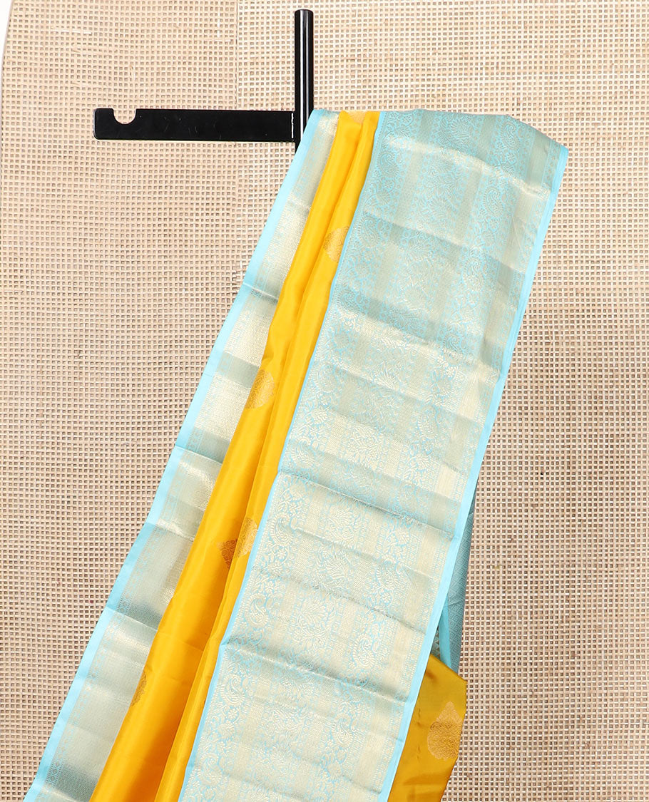 Yellow zari buttas silk saree, contrast border of rekku, muthu, kodi manga, kodi visiry, mayil kann, and rudraksham designs, and jaal pallu