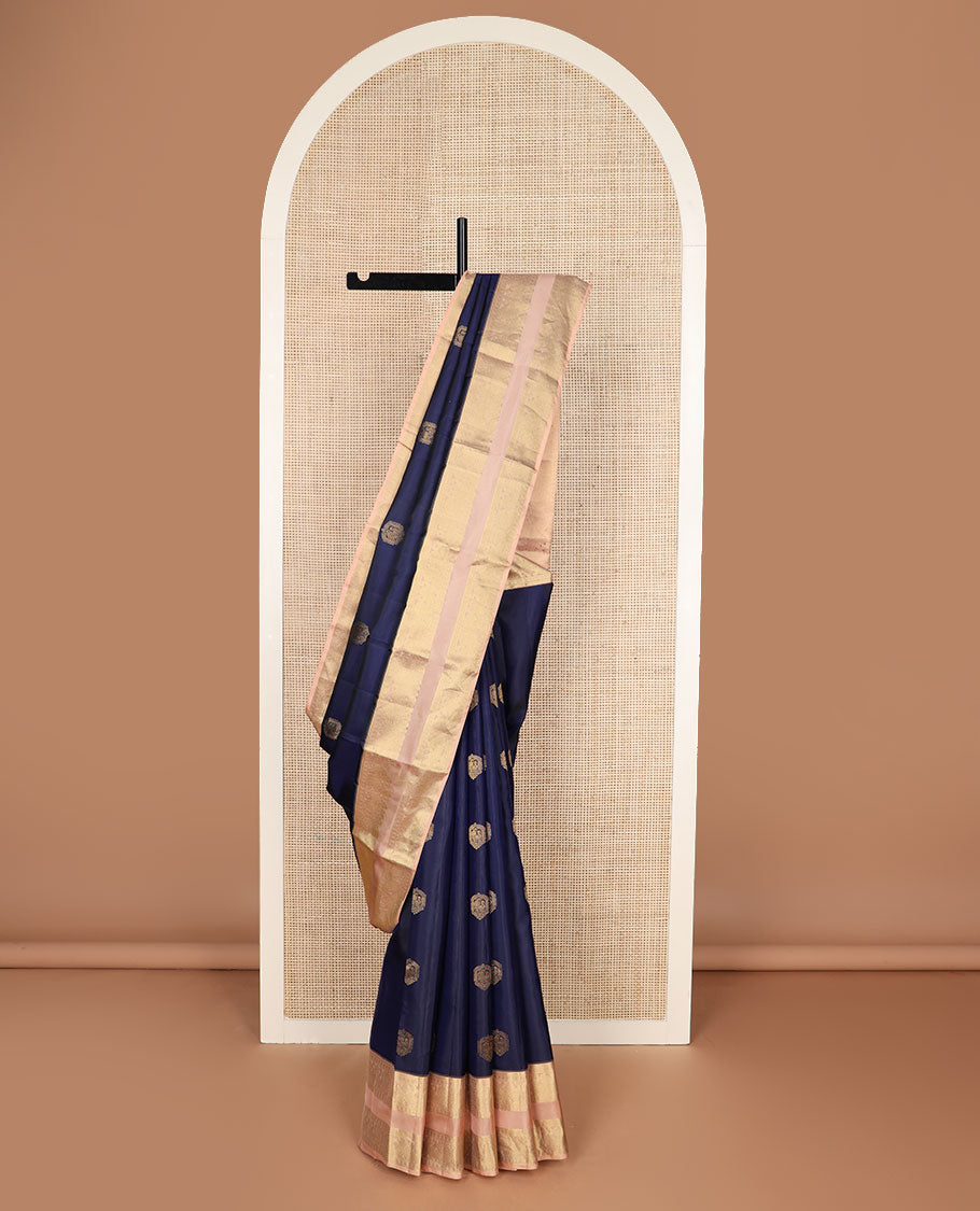 Blue zari buttas silk saree, contrast rettai pettu border of poun & mayil design & pallu of jaal design