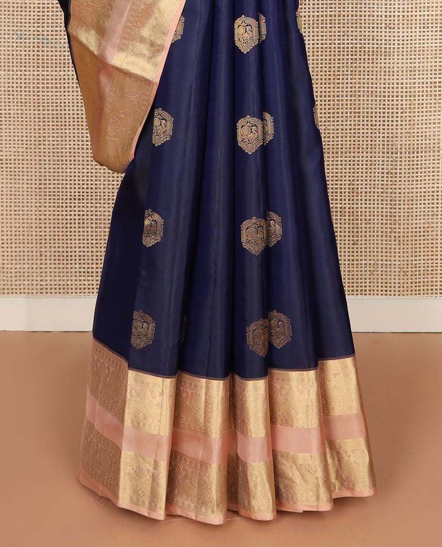 Blue zari buttas silk saree, contrast rettai pettu border of poun & mayil design & pallu of jaal design