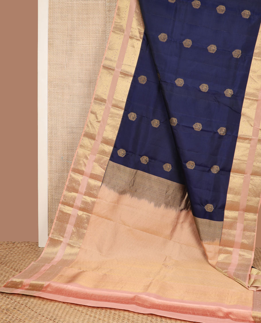Blue zari buttas silk saree, contrast rettai pettu border of poun & mayil design & pallu of jaal design