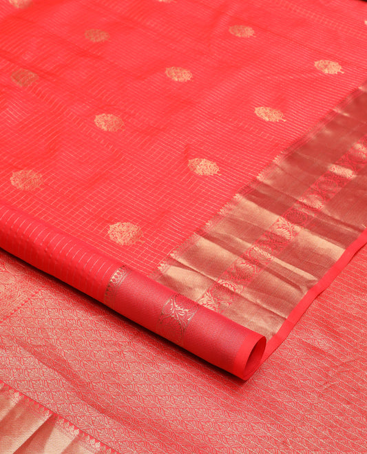 Red micro-checked and buttas silk saree, zari border of thilakam mokku, neli, zari stripes, and kodi visiry designs, and ogee patterned pallu