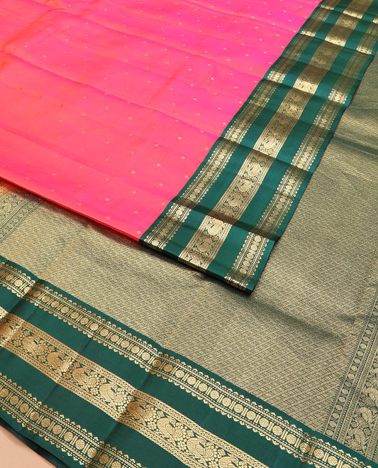 Pink zari buttas silk saree with contrast korvai varisai pettu border of rekku, muthu, banaras, rudraksham, neli, and mayil designs, and intricate pallu