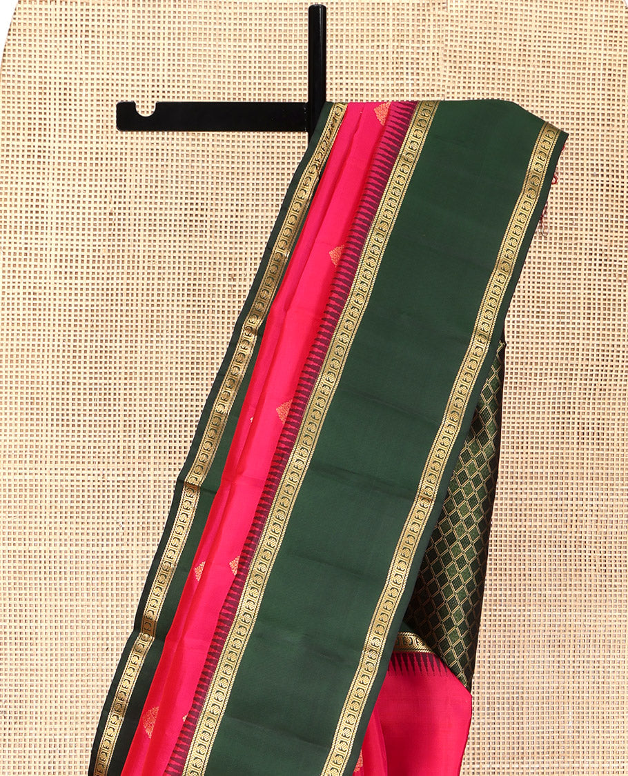 Pink Vasundhara Silk Saree, Woven with Zari Buttas, Complemented by a Contrast Thazampoo Rekku Rettai Pettu Border of Banaras and Manga Designs, Grand Jaal Pallu, and a Contrast Blouse