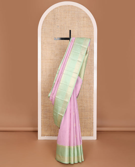 Pink zari buttas silk saree, contrast zari striped pallu & border of thilakam mokku,muthu,kathir,mayil kann & dhavana kodi