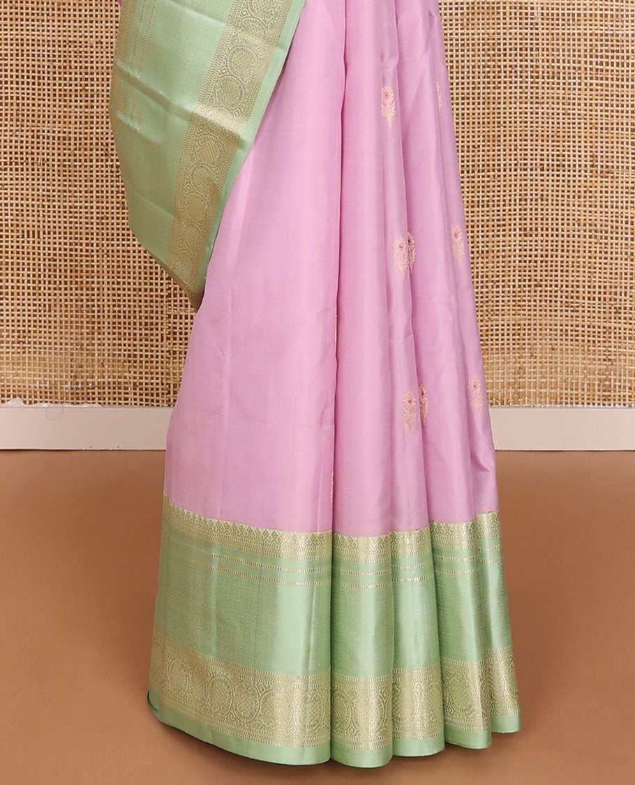 Pink zari buttas silk saree, contrast zari striped pallu & border of thilakam mokku,muthu,kathir,mayil kann & dhavana kodi