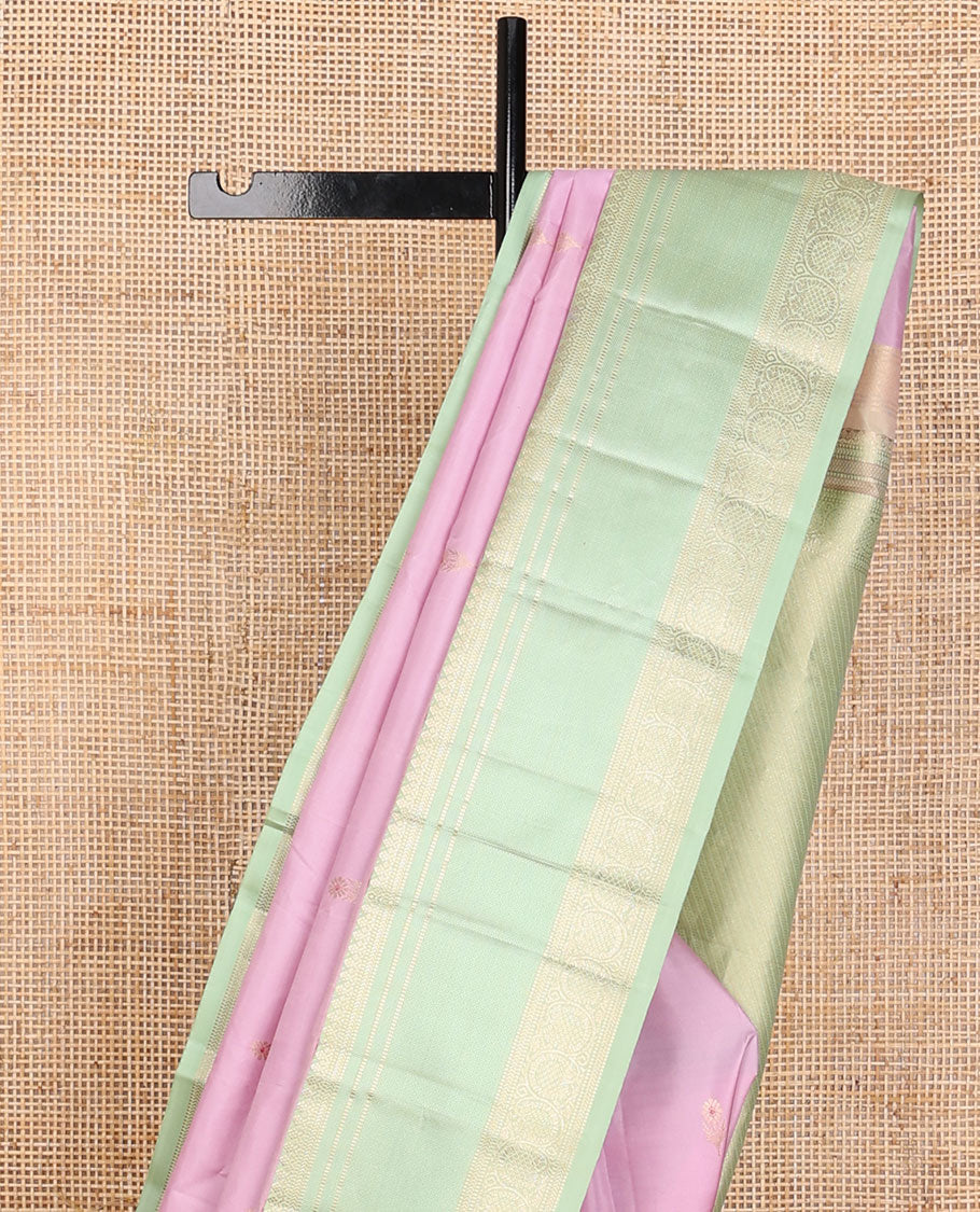 Pink zari buttas silk saree, contrast zari striped pallu & border of thilakam mokku,muthu,kathir,mayil kann & dhavana kodi