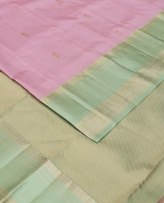 Pink zari buttas silk saree, contrast zari striped pallu & border of thilakam mokku,muthu,kathir,mayil kann & dhavana kodi