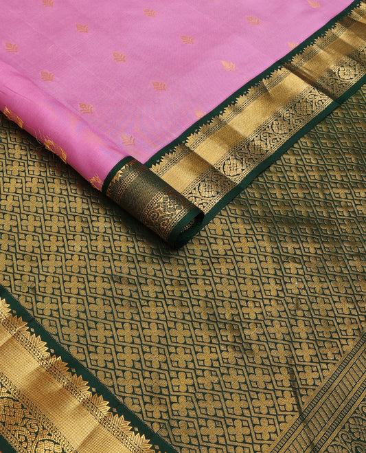 Pink zari buttas silk saree, contrast jaal pallu & border of thazampoo rekku, muthu, banaras & kodi visiry