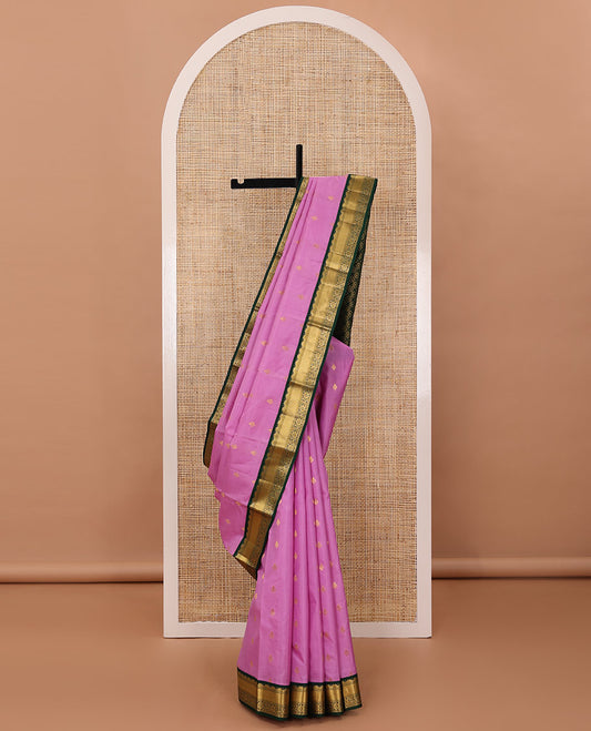Pink zari buttas silk saree, contrast jaal pallu & border of thazampoo rekku, muthu, banaras & kodi visiry