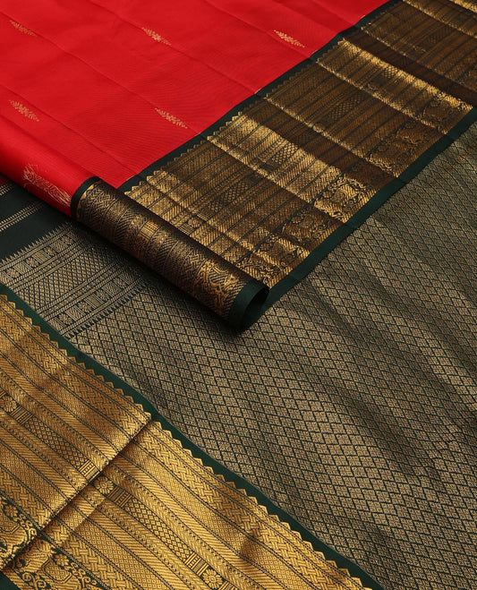 Red zari buttas silk saree, contrast border of rekku,kathir,paayadi kattam,mayil kann & pichwai cow designs & jaal pallu