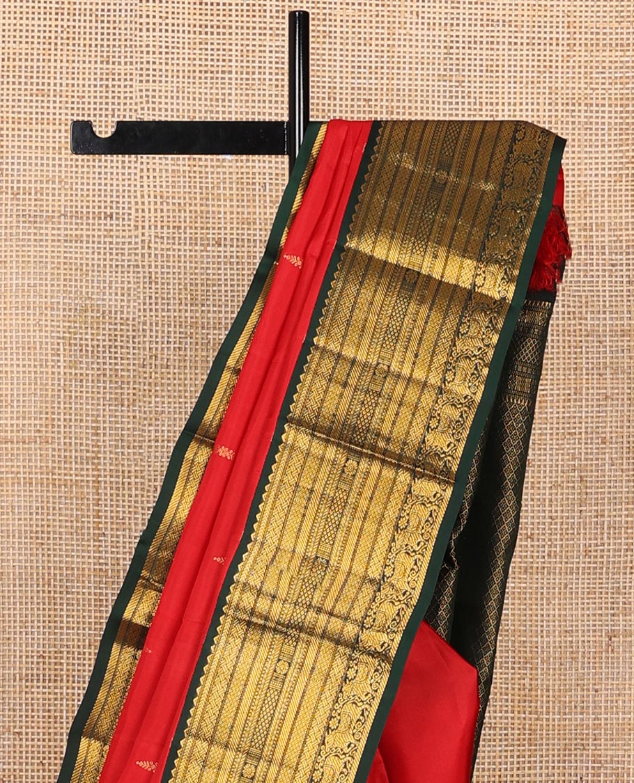 Red zari buttas silk saree, contrast border of rekku,kathir,paayadi kattam,mayil kann & pichwai cow designs & jaal pallu