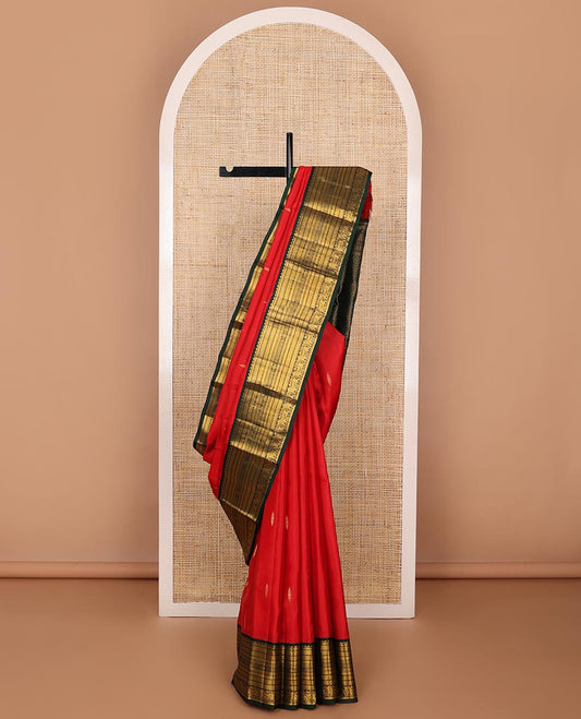 Red zari buttas silk saree, contrast border of rekku,kathir,paayadi kattam,mayil kann & pichwai cow designs & jaal pallu