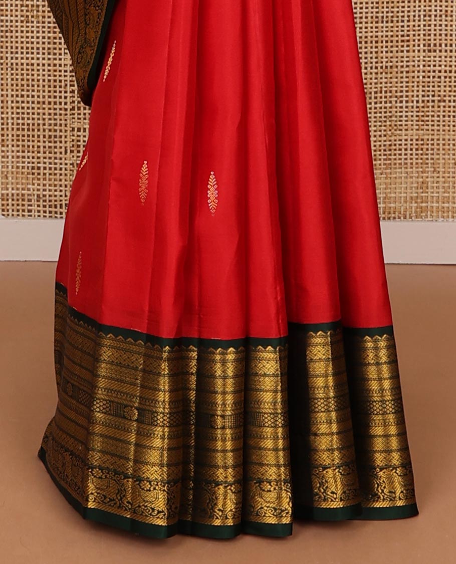 Red zari buttas silk saree, contrast border of rekku,kathir,paayadi kattam,mayil kann & pichwai cow designs & jaal pallu