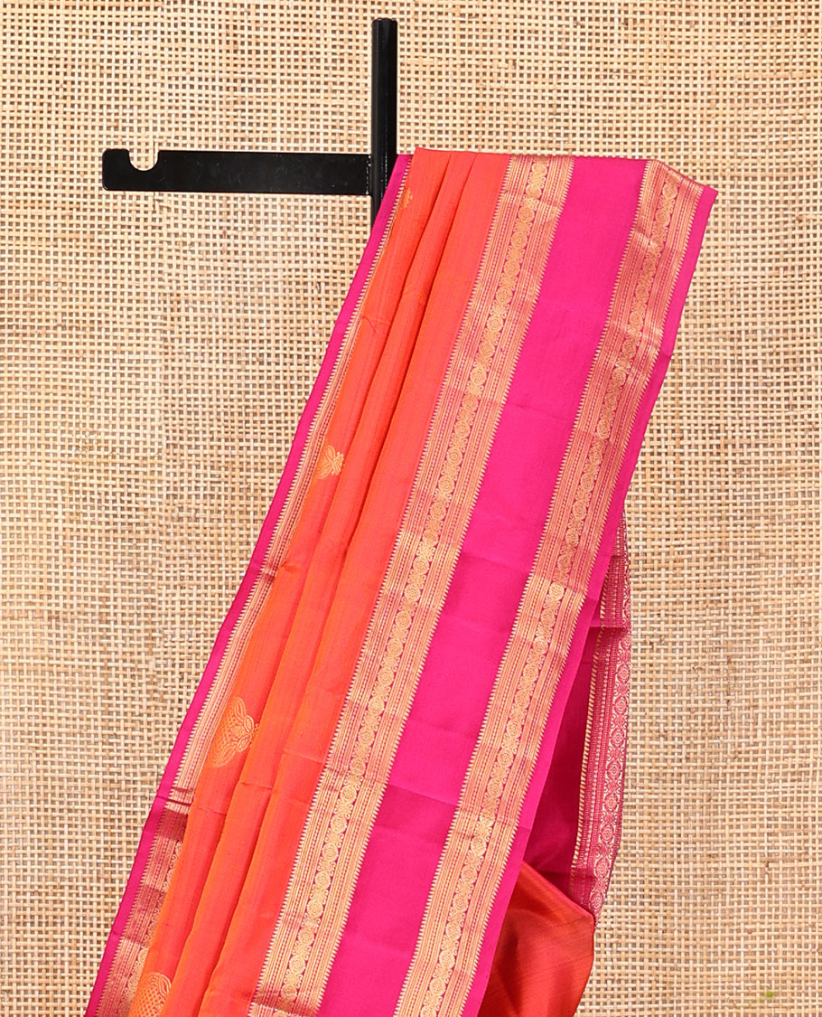 Orange Vasundhara Silk Saree, Woven with Zari Buttas, Contrast Rettai Pettu Traditional Zari Border, Grand Pallu, and a Contrast Blouse