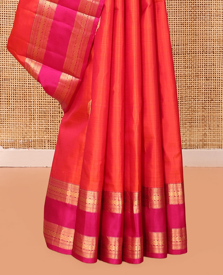 Orange Vasundhara Silk Saree, Woven with Zari Buttas, Contrast Rettai Pettu Traditional Zari Border, Grand Pallu, and a Contrast Blouse