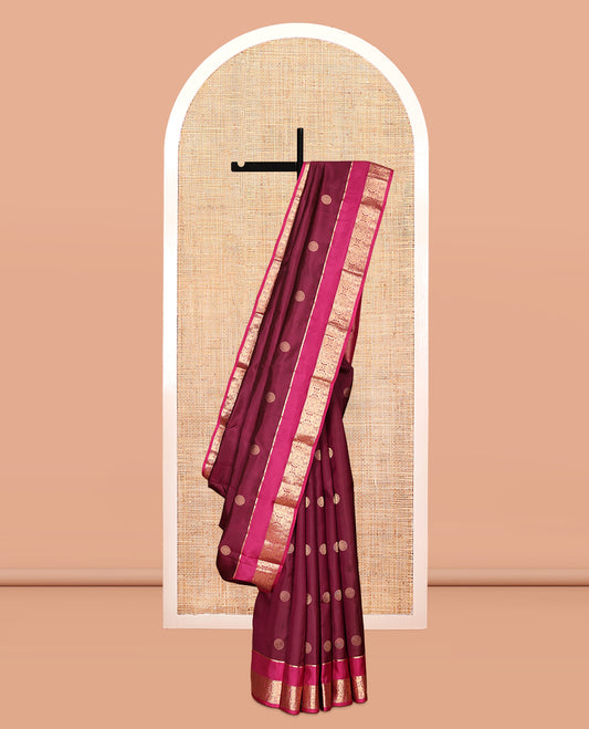 Wine Vasundhara Silk Saree, Woven with Chakram Zari Buttas, Contrast Rettai Pettu Border of Ara Bogudi, Mayil, and Chakram Designs, Jaal Pallu, and Contrast Blouse