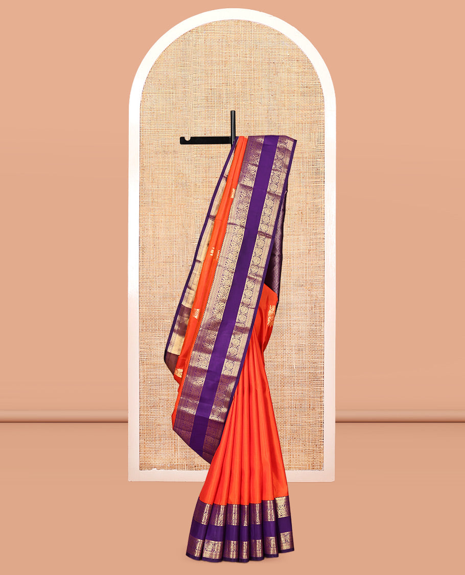 Orange Vasundhara Silk Saree, Woven with Zari Buttas, Complemented by a Contrast Rettai Pettu Border of Kathir, Kodi Visiry, and Chakram Designs, Grand Pallu, and a Contrast Blouse