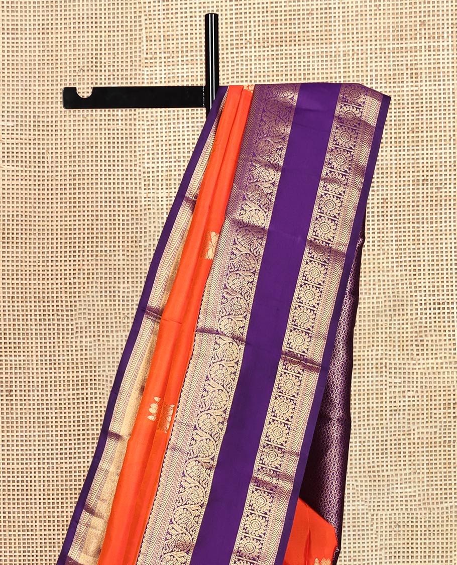 Orange Vasundhara Silk Saree, Woven with Zari Buttas, Complemented by a Contrast Rettai Pettu Border of Kathir, Kodi Visiry, and Chakram Designs, Grand Pallu, and a Contrast Blouse