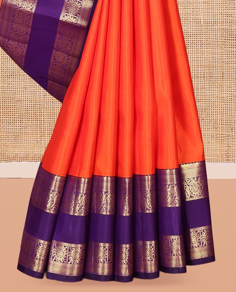 Orange Vasundhara Silk Saree, Woven with Zari Buttas, Complemented by a Contrast Rettai Pettu Border of Kathir, Kodi Visiry, and Chakram Designs, Grand Pallu, and a Contrast Blouse