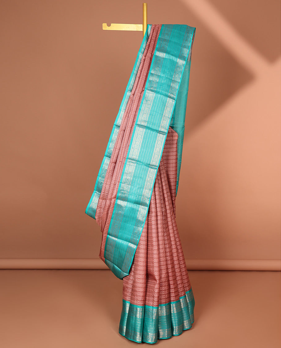 Brown checked silk saree with contrast traditional zari border & striped zari design pallu