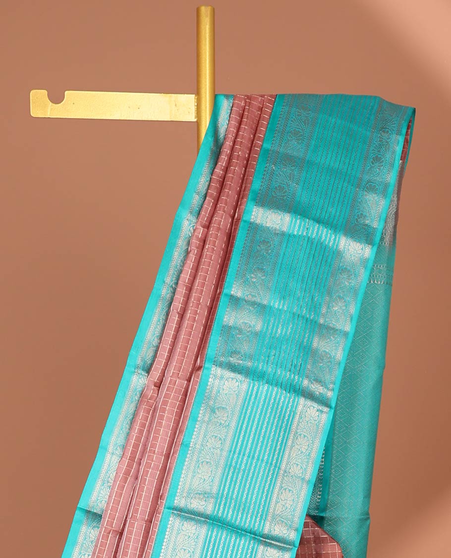 Brown checked silk saree with contrast traditional zari border & striped zari design pallu