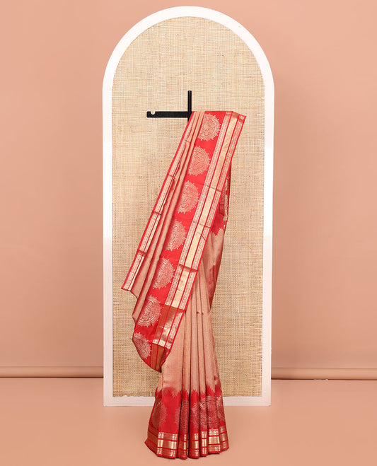 Red Kanchipuram Wedding Silk Saree, Gleamed Up with Zari and Chakram Designs on Its Body, Highlighted by a Zari Border of Muthu, Kamalam, and Vanki Designs, Intricately Designed Pallu, and Paired with a Matching Blouse